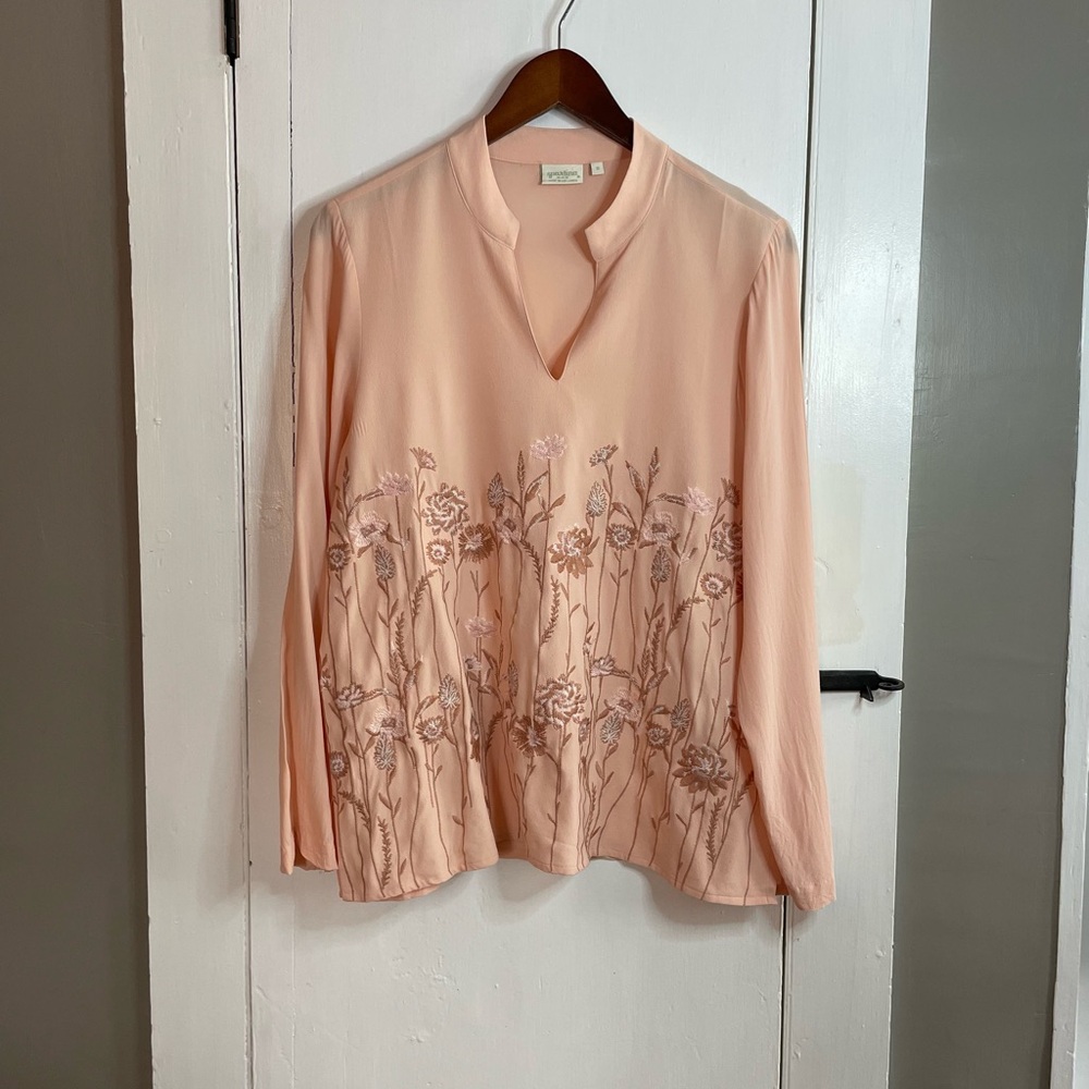 Spartina 449 Floral Embroidered Blush Pink Long Sleeve Blouse Size Small